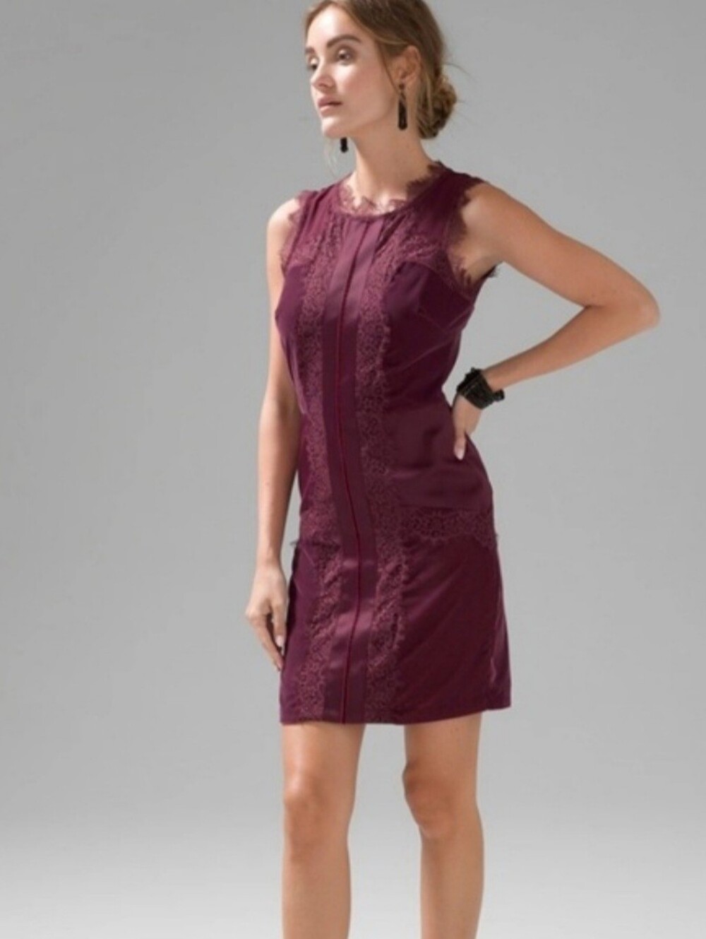WHBM Sz 10 Port Wine Burgundy Sleeveless Lace Satin Velvet Dress